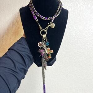 Betsey Johnson Purple Rhinestone Heart Knife CrossCharm Statement Chain Necklace